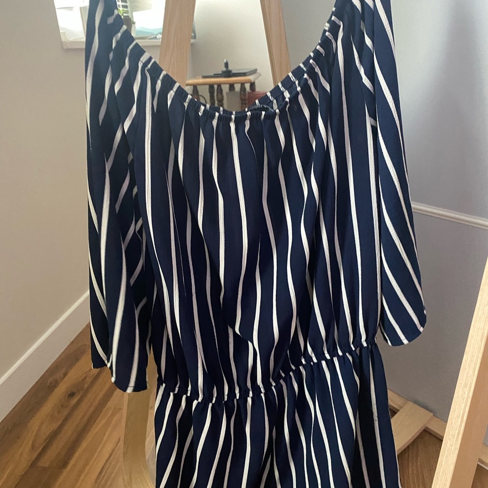 Blue and white striped off the shoulder romper